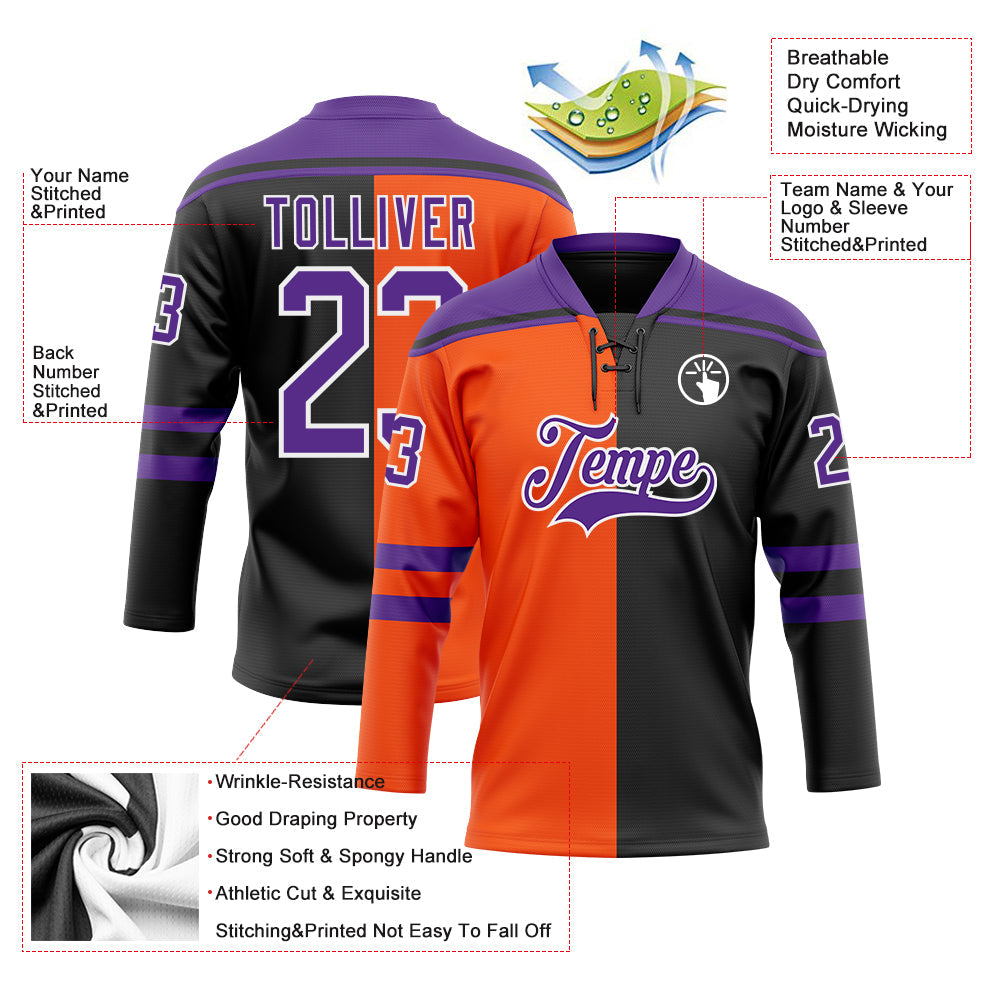 Custom Black Purple Orange-White Split Fashion Hockey Lace Neck Jersey view 5