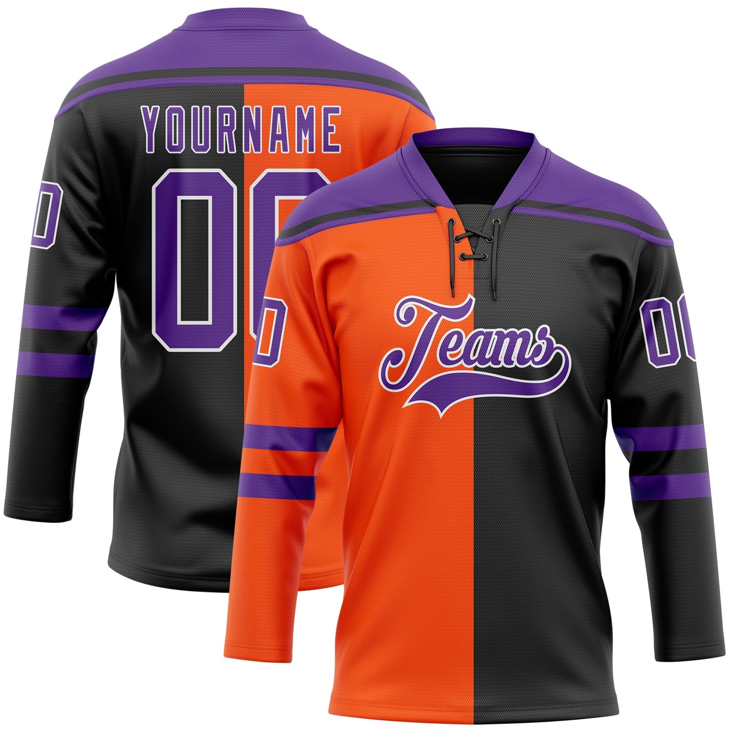 Custom Black Purple Orange-White Split Fashion Hockey Lace Neck Jersey - Main View
