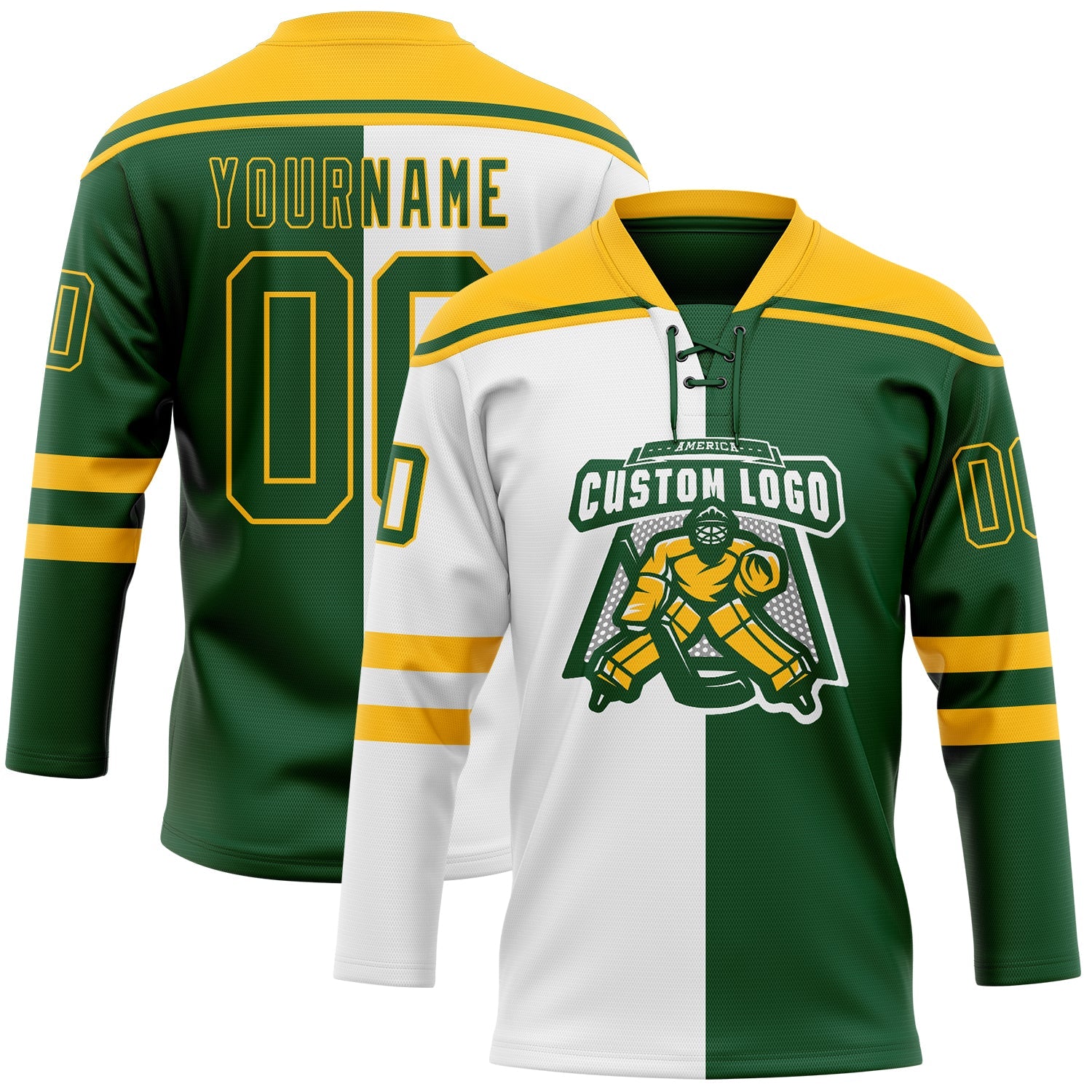 Custom Green Gold-White Split Fashion Hockey Lace Neck Jersey view 2