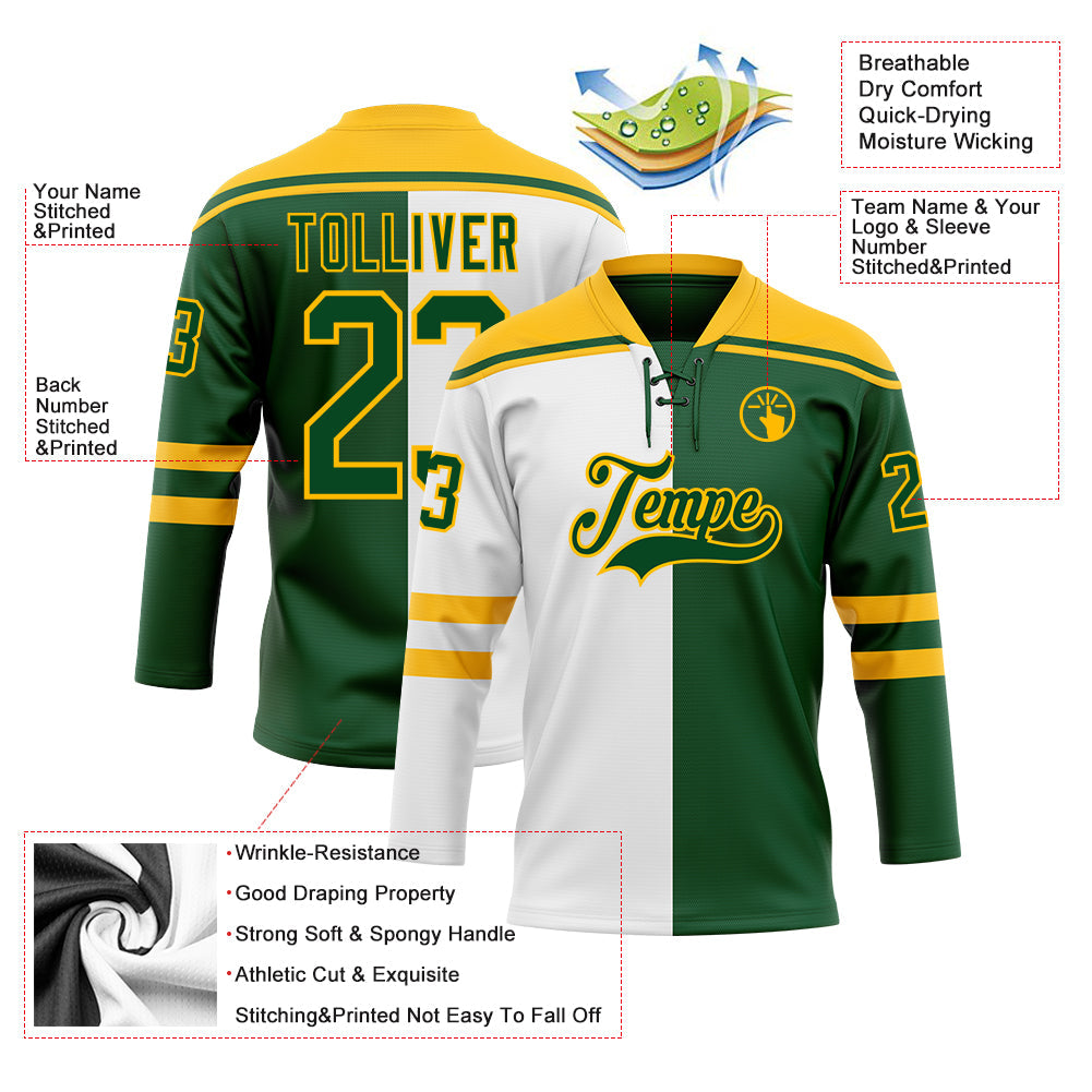 Custom Green Gold-White Split Fashion Hockey Lace Neck Jersey view 5