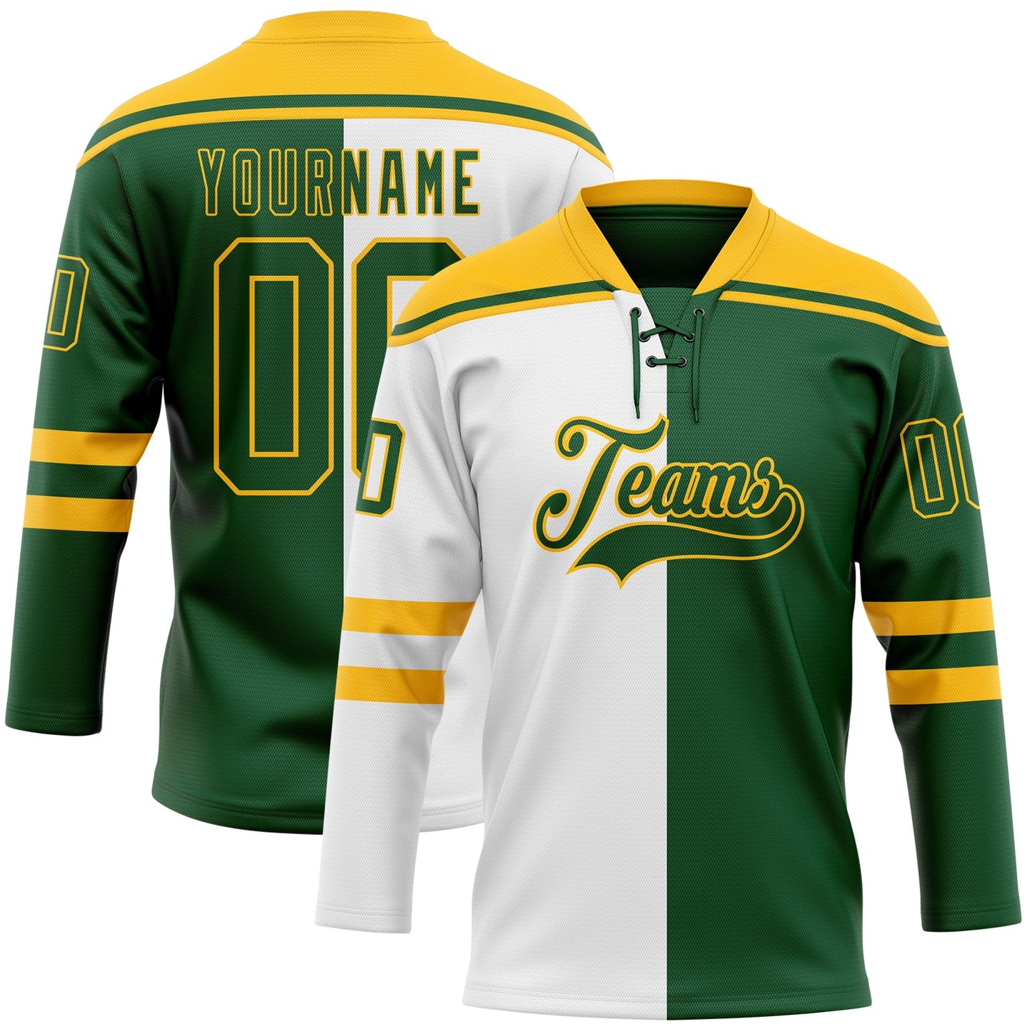 Custom Green Gold-White Split Fashion Hockey Lace Neck Jersey - Main View
