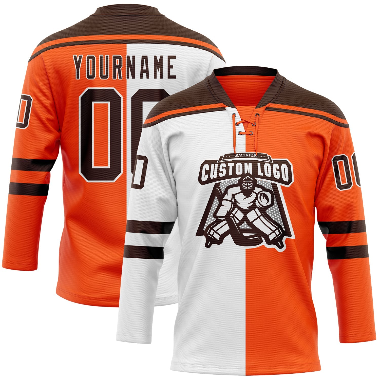 Custom Orange Brown-White Split Fashion Hockey Lace Neck Jersey view 2