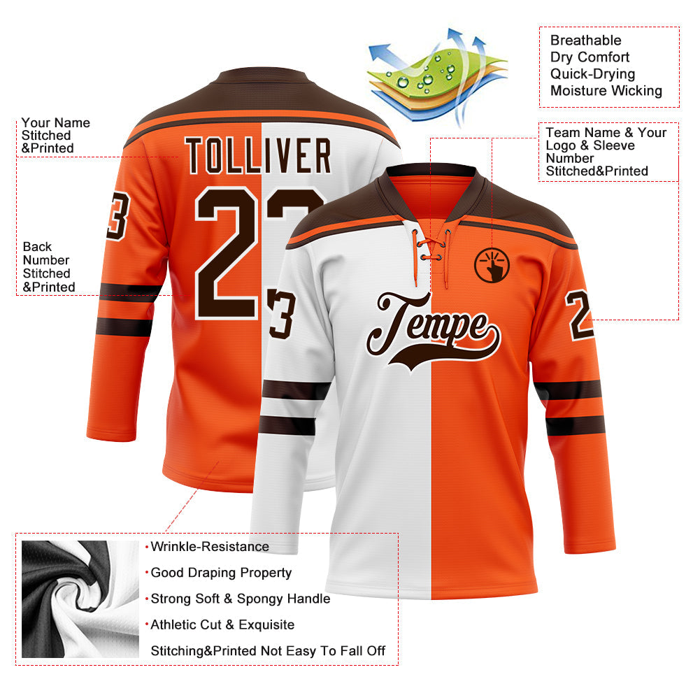 Custom Orange Brown-White Split Fashion Hockey Lace Neck Jersey view 5
