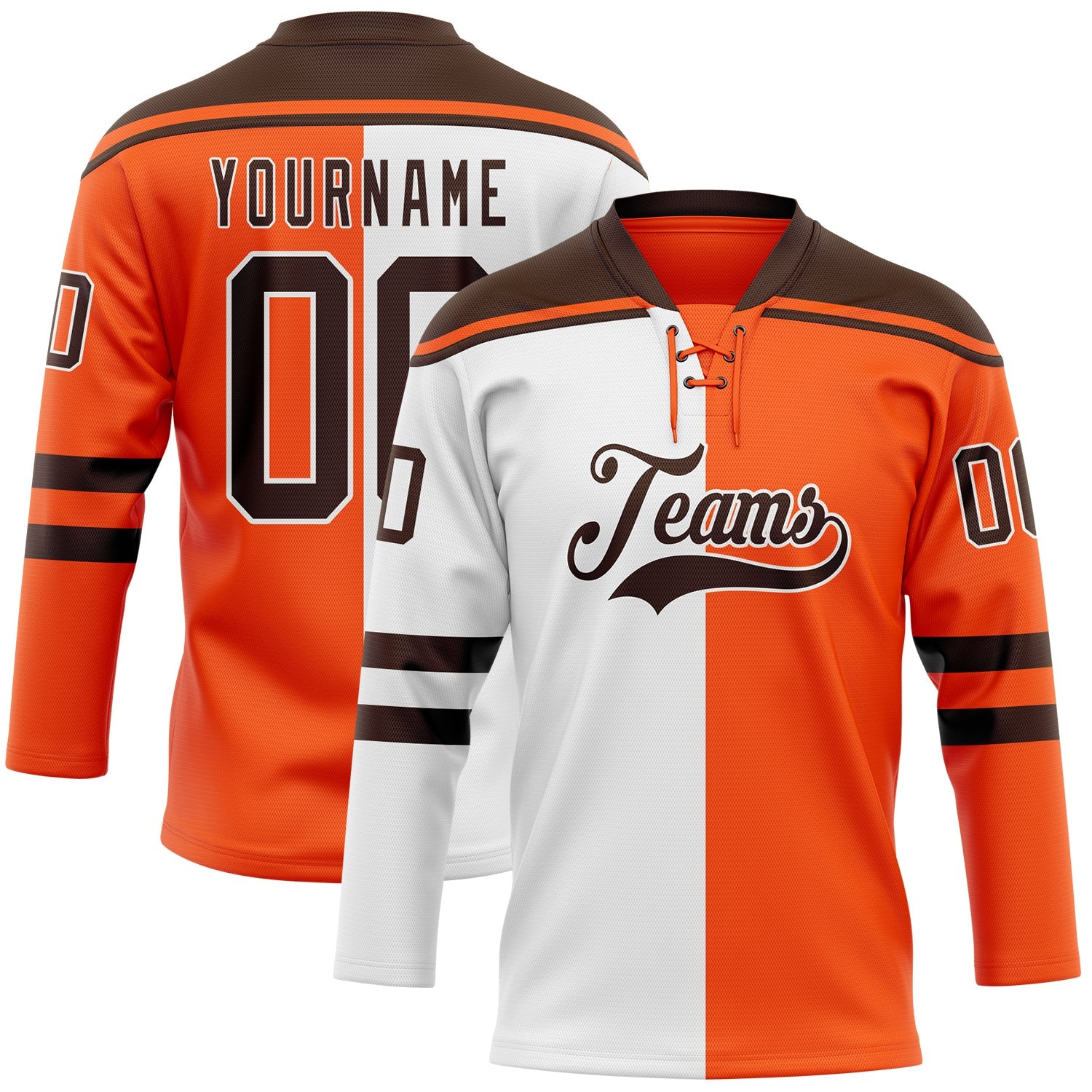 Custom Orange Brown-White Split Fashion Hockey Lace Neck Jersey - Main View