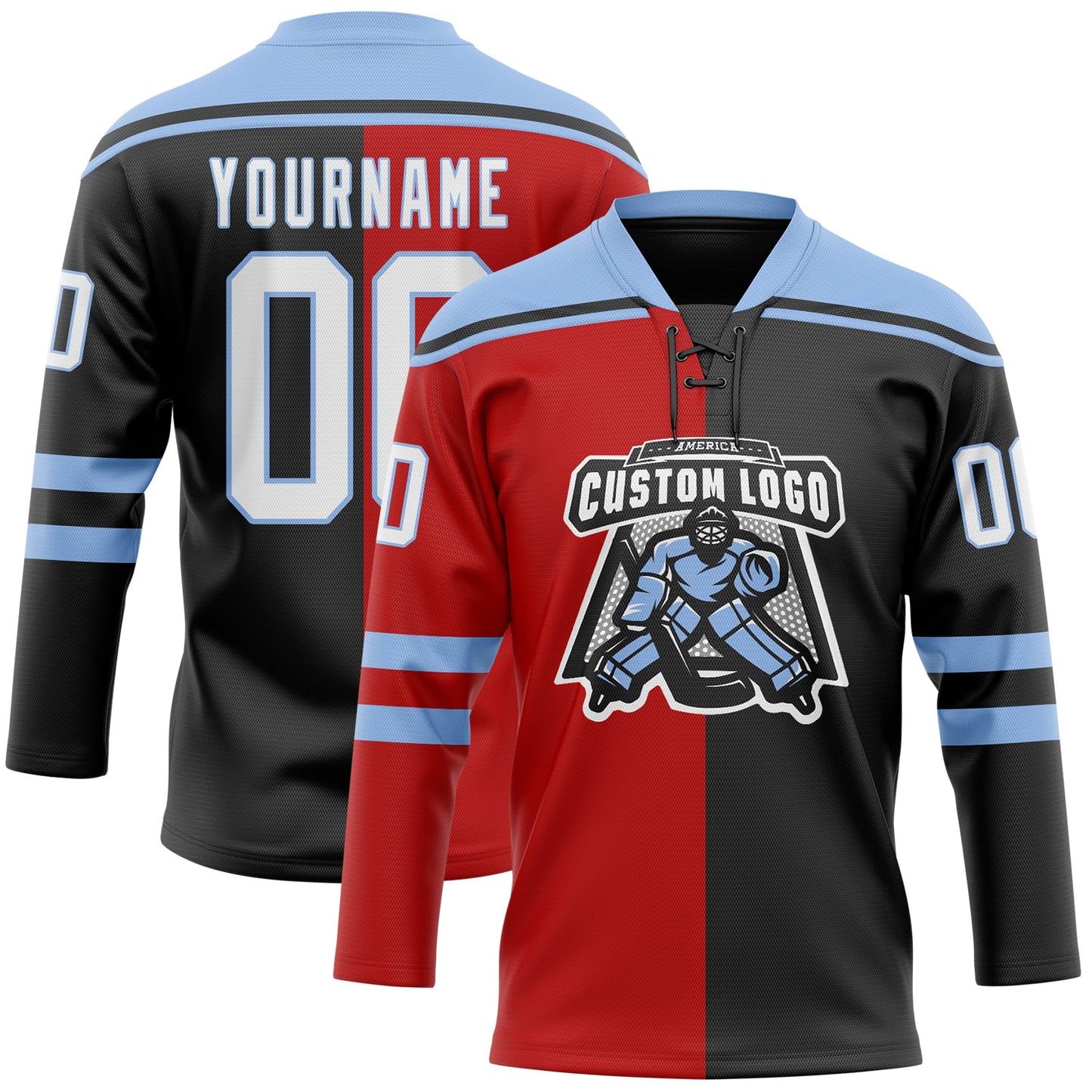 Custom Black White Red-Light Blue Split Fashion Hockey Lace Neck Jersey view 2