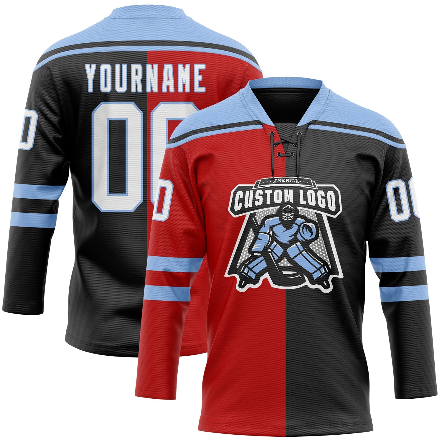 Custom Black White Red-Light Blue Split Fashion Hockey Lace Neck Jersey view 2