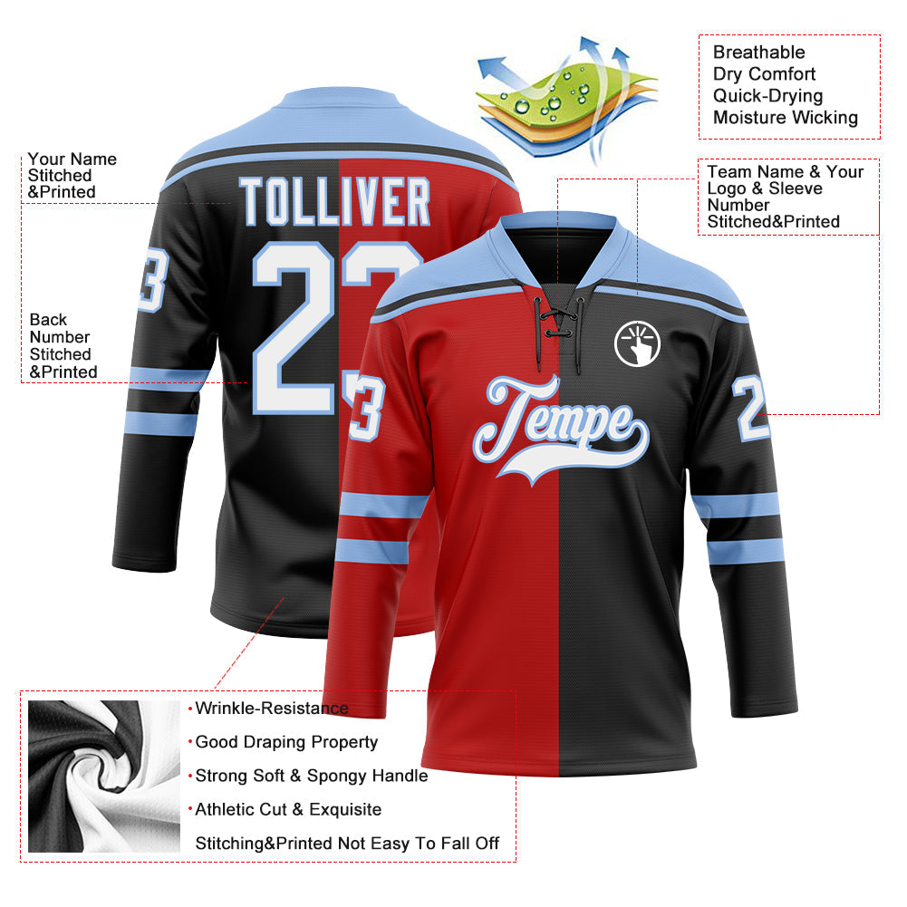Custom Black White Red-Light Blue Split Fashion Hockey Lace Neck Jersey view 5