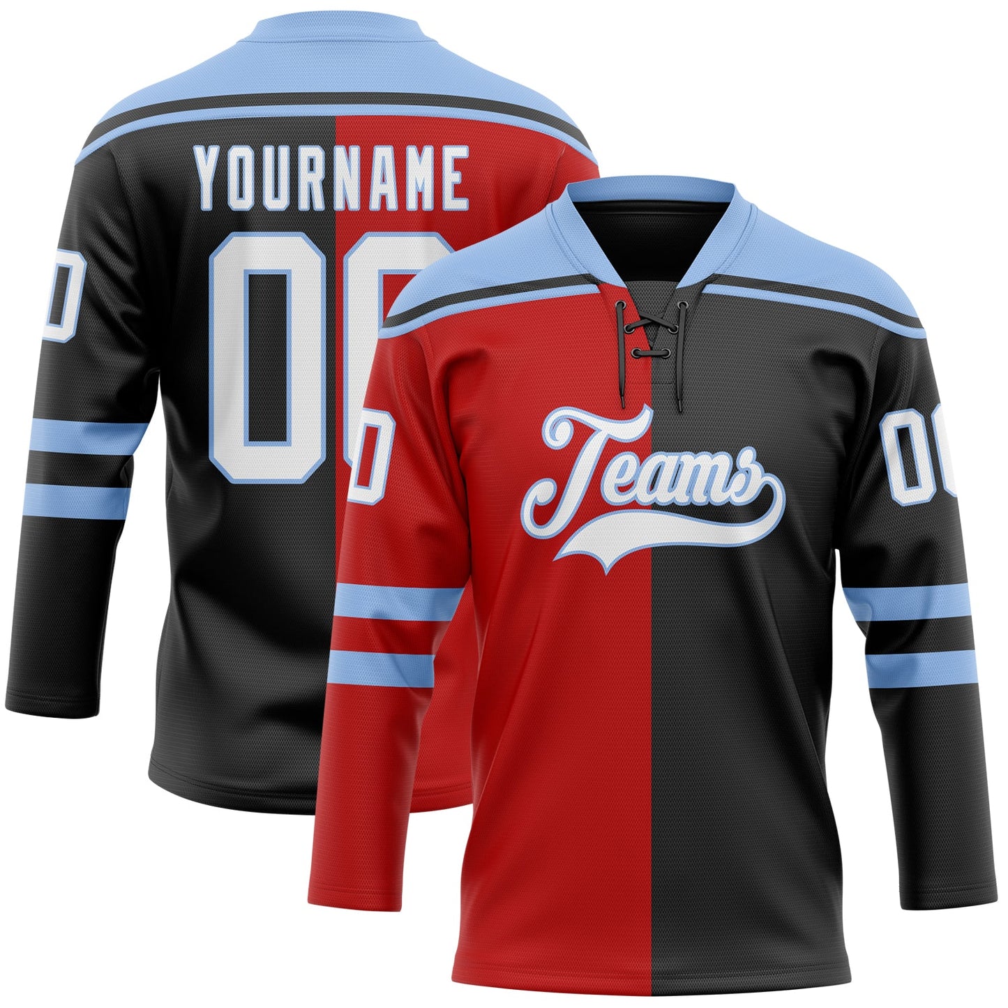 Custom Black White Red-Light Blue Split Fashion Hockey Lace Neck Jersey - Main View