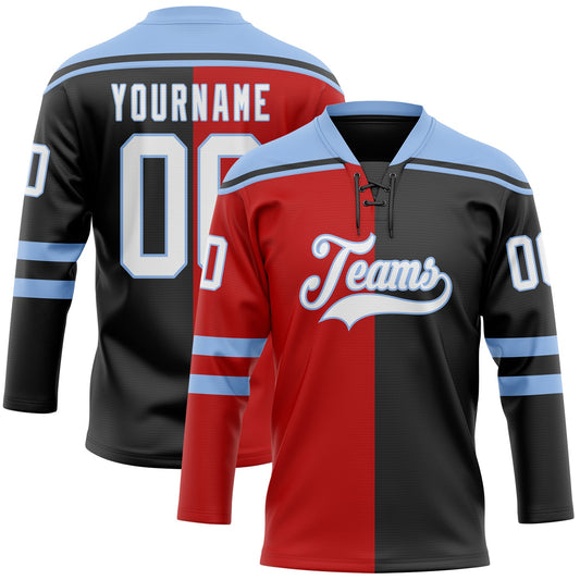 Custom Black White Red-Light Blue Split Fashion Hockey Lace Neck Jersey - Main View