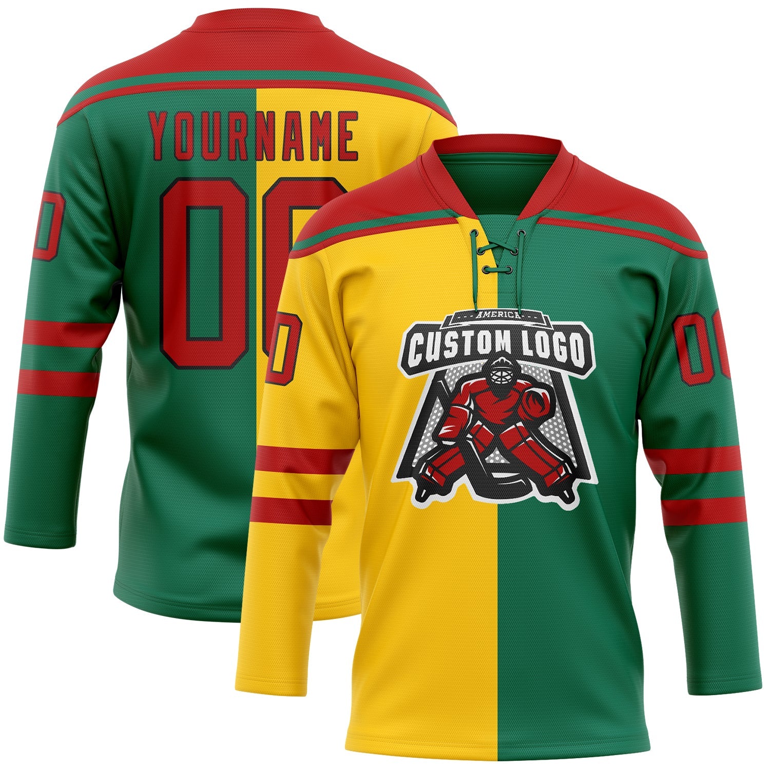 Custom Kelly Green Red Yellow-Black Split Fashion Hockey Lace Neck Jersey view 2