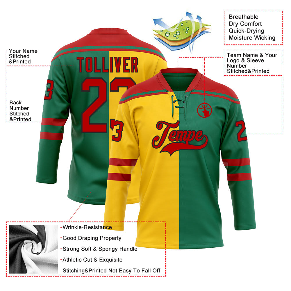Custom Kelly Green Red Yellow-Black Split Fashion Hockey Lace Neck Jersey view 5