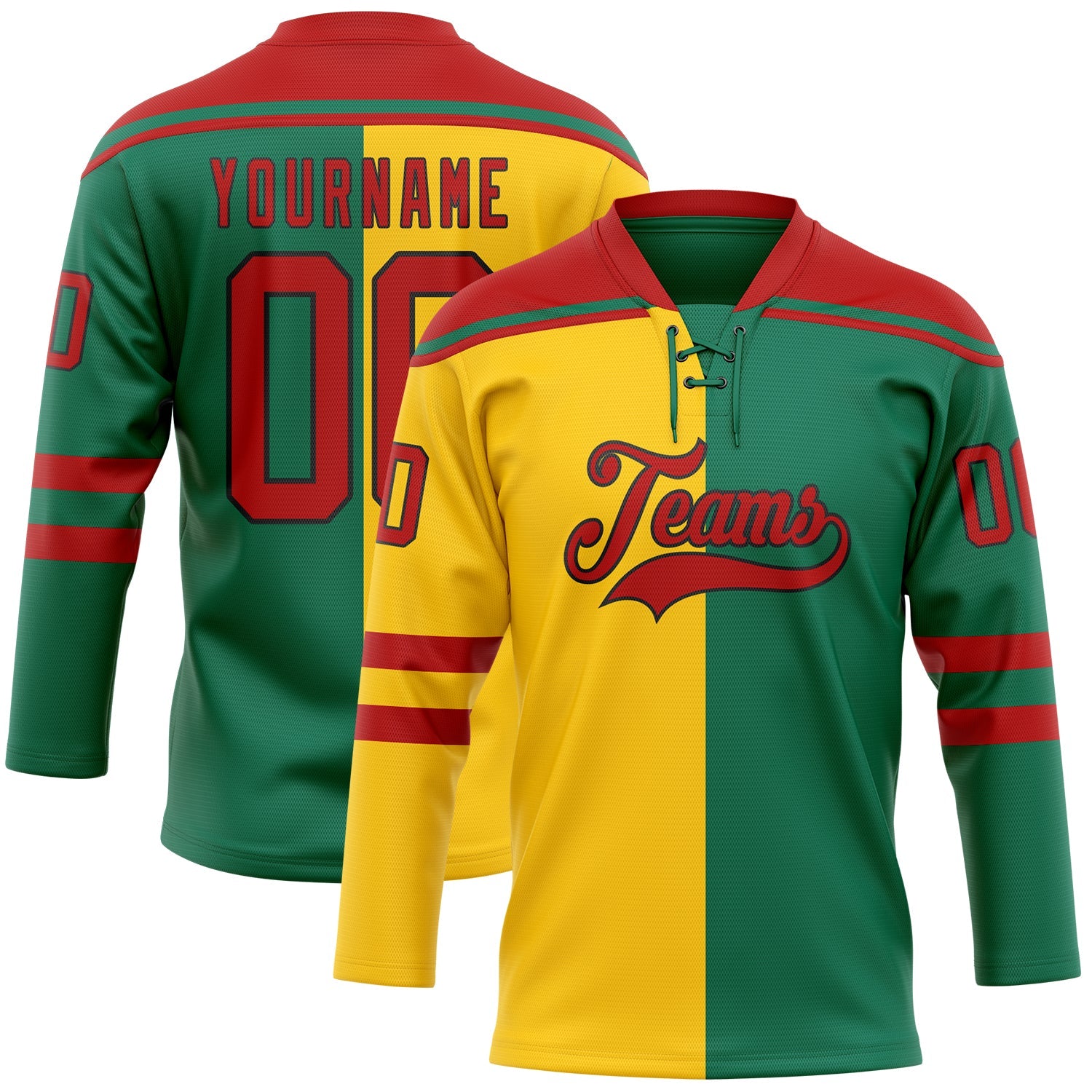 Custom Kelly Green Red Yellow-Black Split Fashion Hockey Lace Neck Jersey - Main View