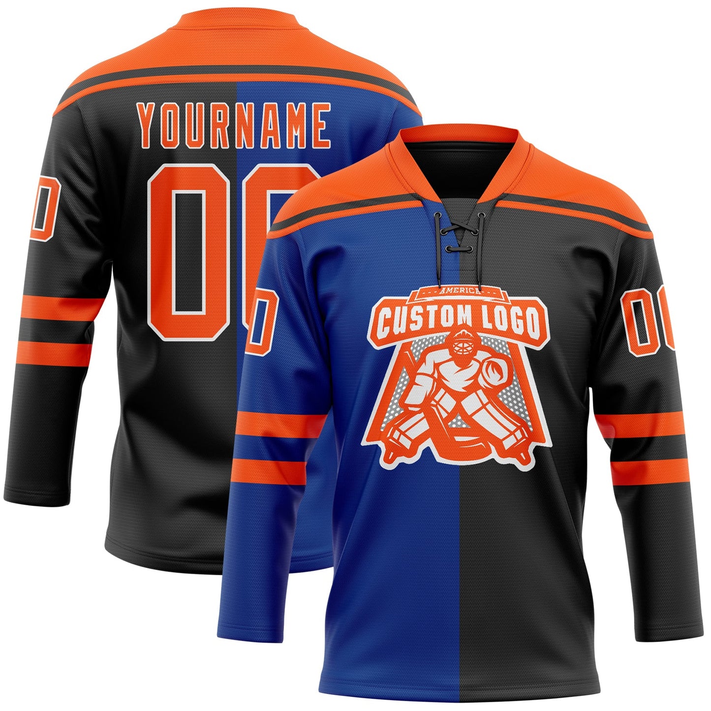 Custom Black Orange Royal-White Split Fashion Hockey Lace Neck Jersey view 2