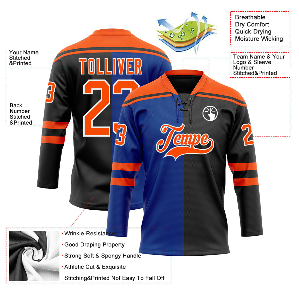 Custom Black Orange Royal-White Split Fashion Hockey Lace Neck Jersey view 5