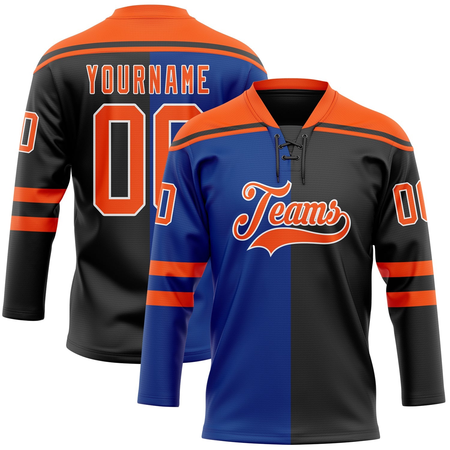 Custom Black Orange Royal-White Split Fashion Hockey Lace Neck Jersey - Main View