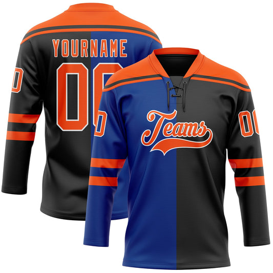 Custom Black Orange Royal-White Split Fashion Hockey Lace Neck Jersey - Main View