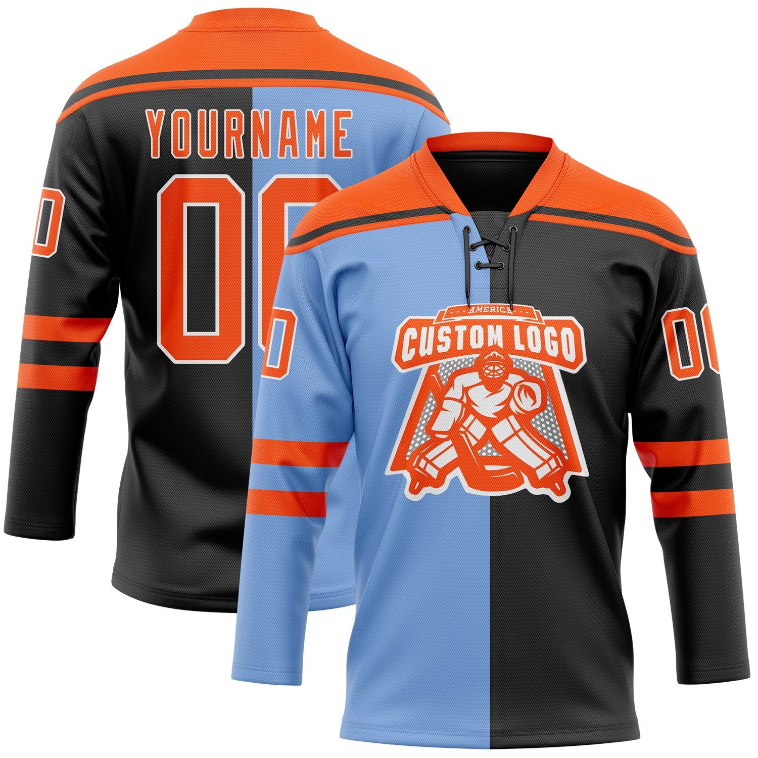 Custom Black Orange Powder Blue-White Split Fashion Hockey Lace Neck Jersey view 2