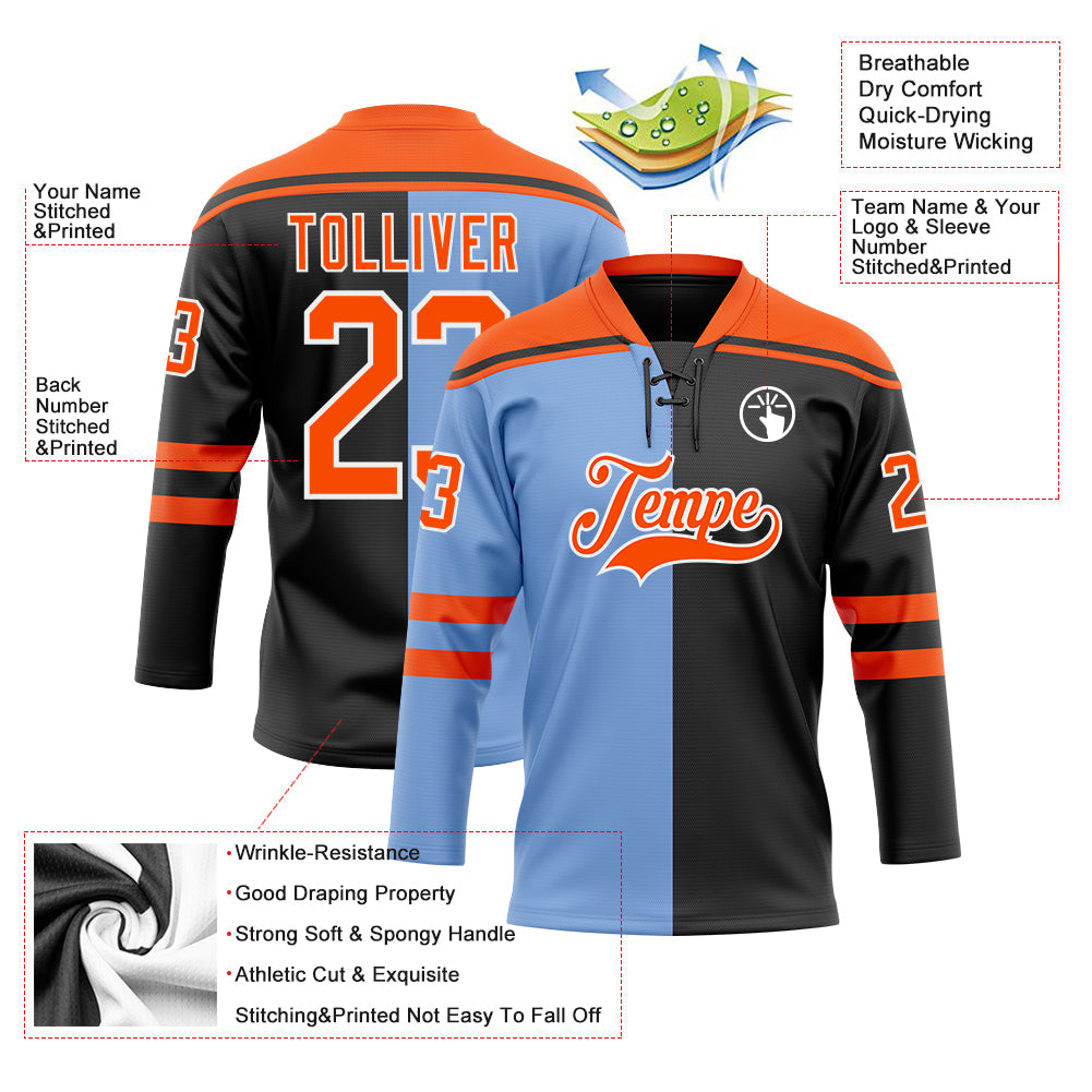 Custom Black Orange Powder Blue-White Split Fashion Hockey Lace Neck Jersey view 5