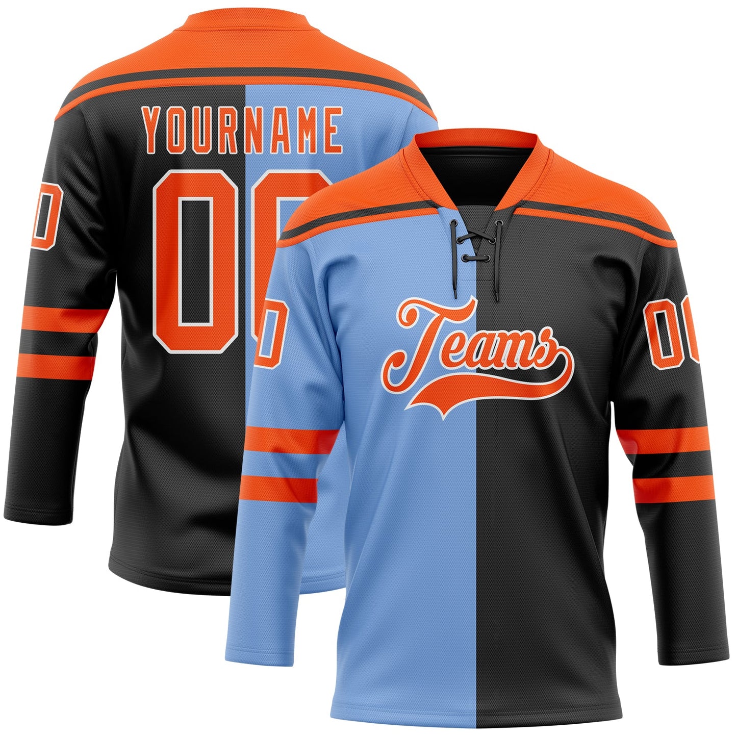 Custom Black Orange Powder Blue-White Split Fashion Hockey Lace Neck Jersey - Main View