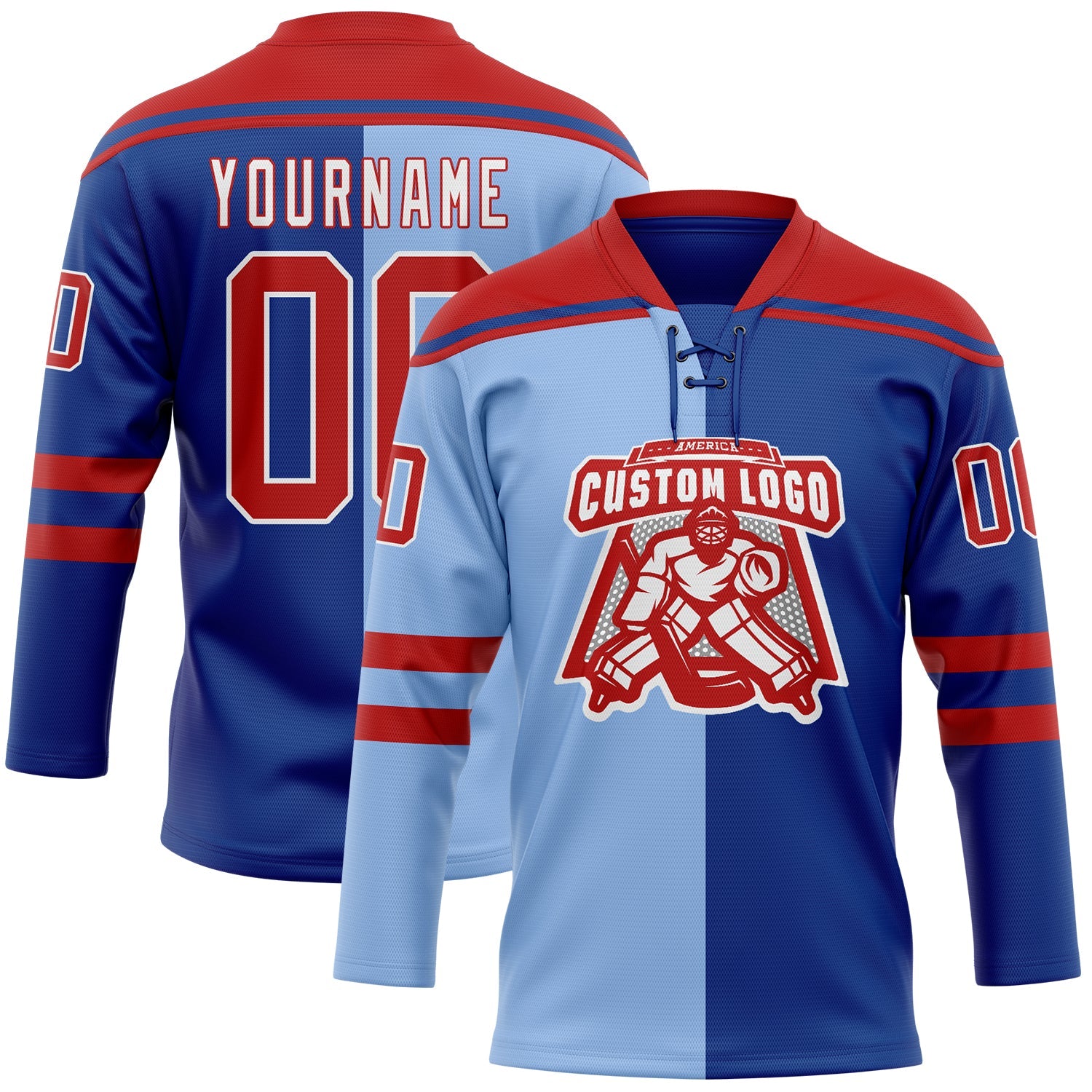 Custom Royal Red Light Blue-White Split Fashion Hockey Lace Neck Jersey view 2