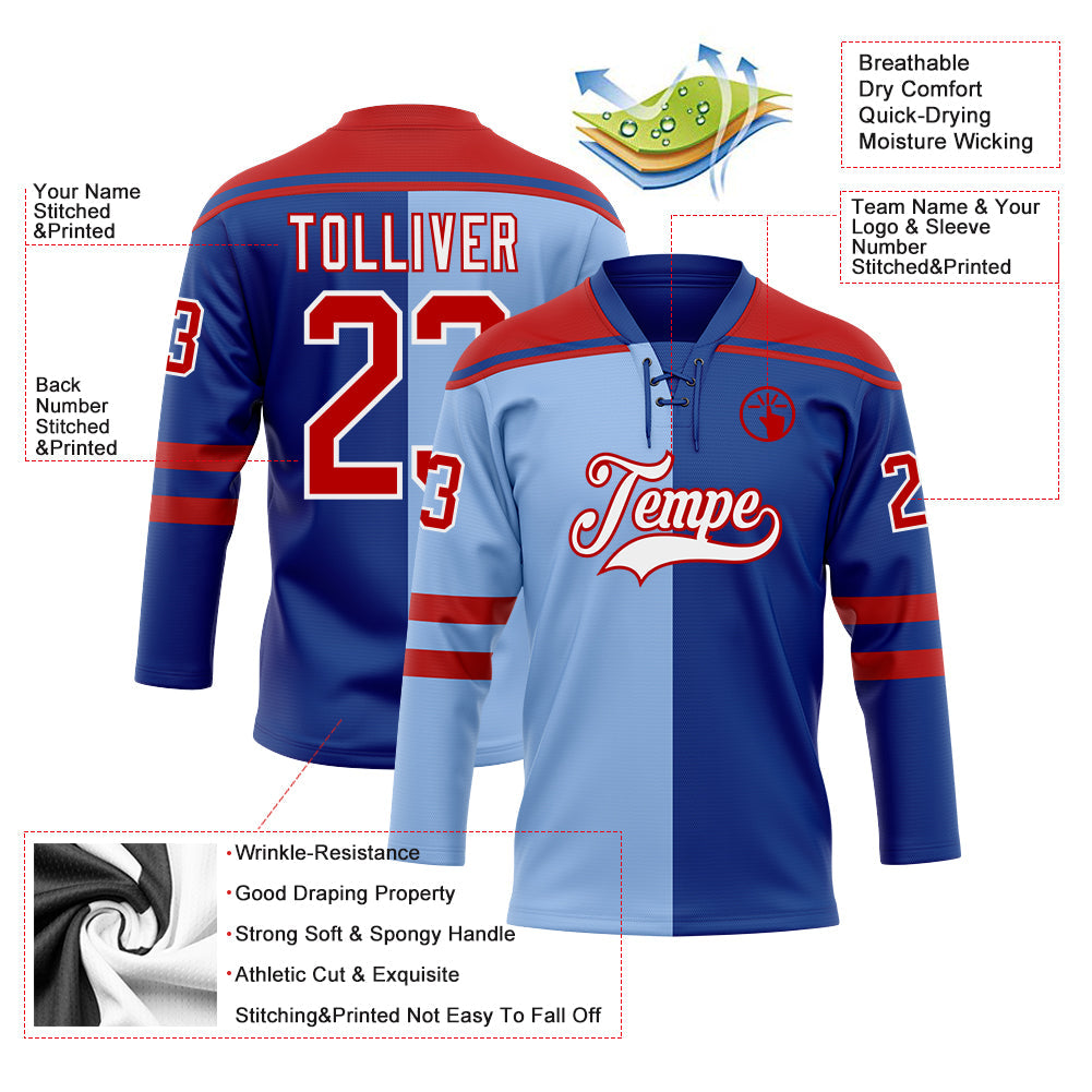 Custom Royal Red Light Blue-White Split Fashion Hockey Lace Neck Jersey view 5