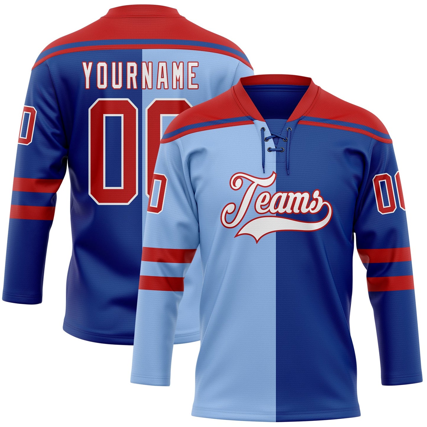 Custom Royal Red Light Blue-White Split Fashion Hockey Lace Neck Jersey - Main View