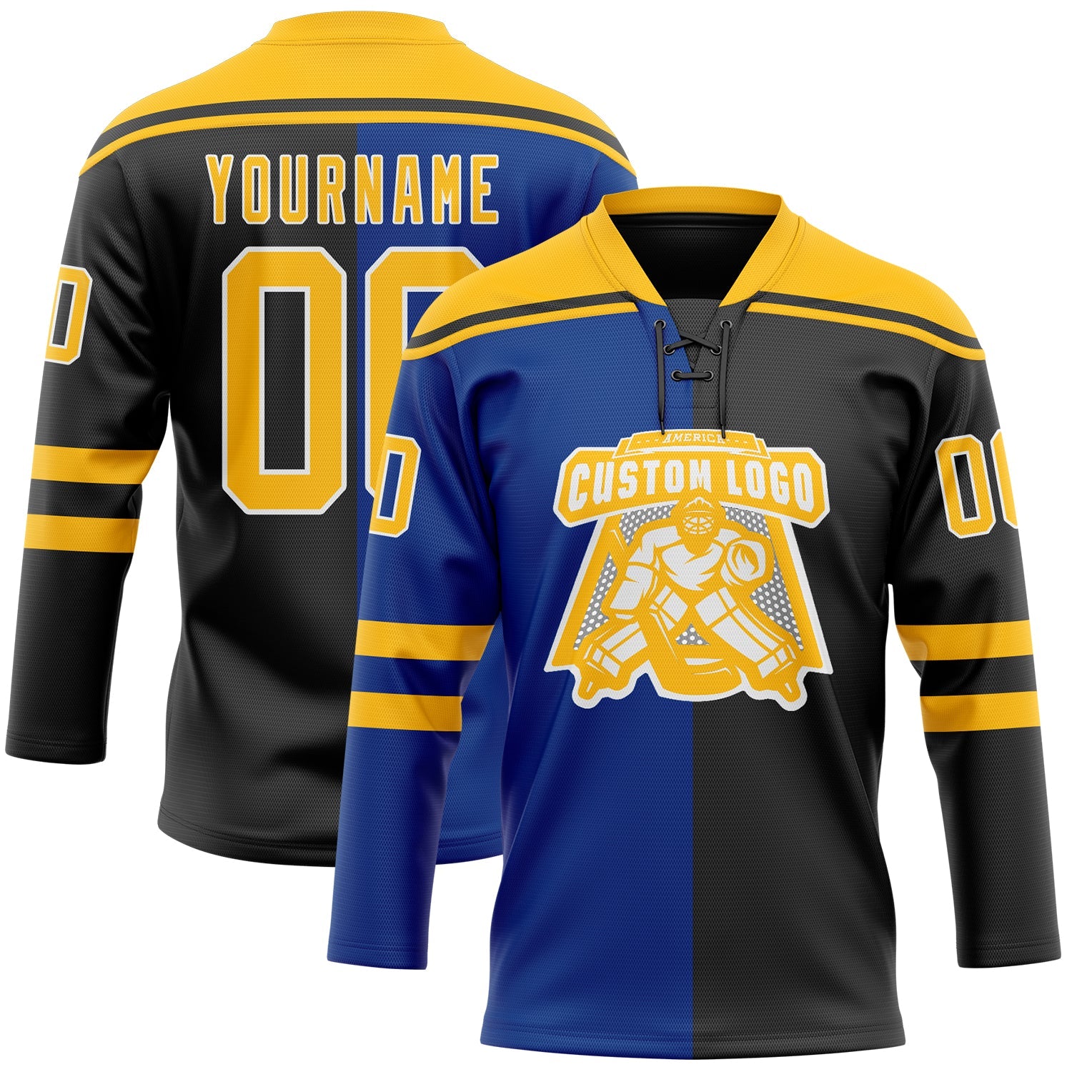 Custom Black Gold Royal-White Split Fashion Hockey Lace Neck Jersey view 2