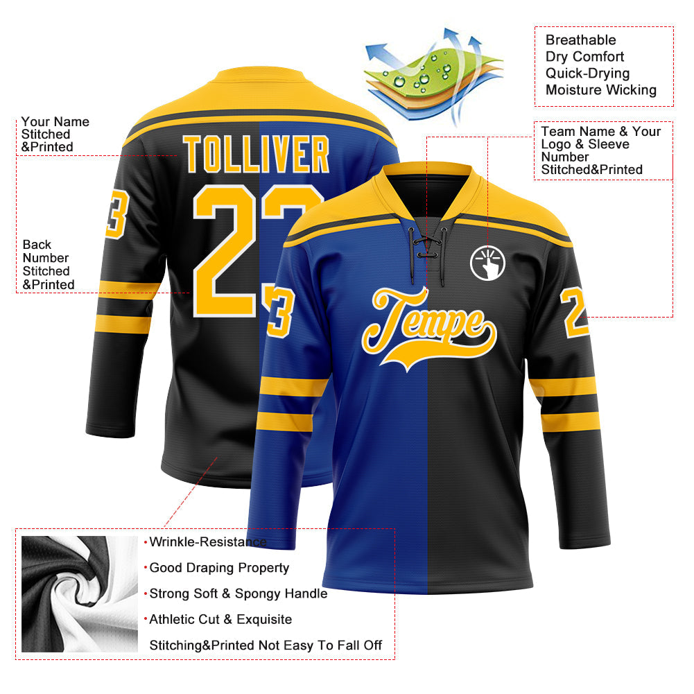 Custom Black Gold Royal-White Split Fashion Hockey Lace Neck Jersey view 5