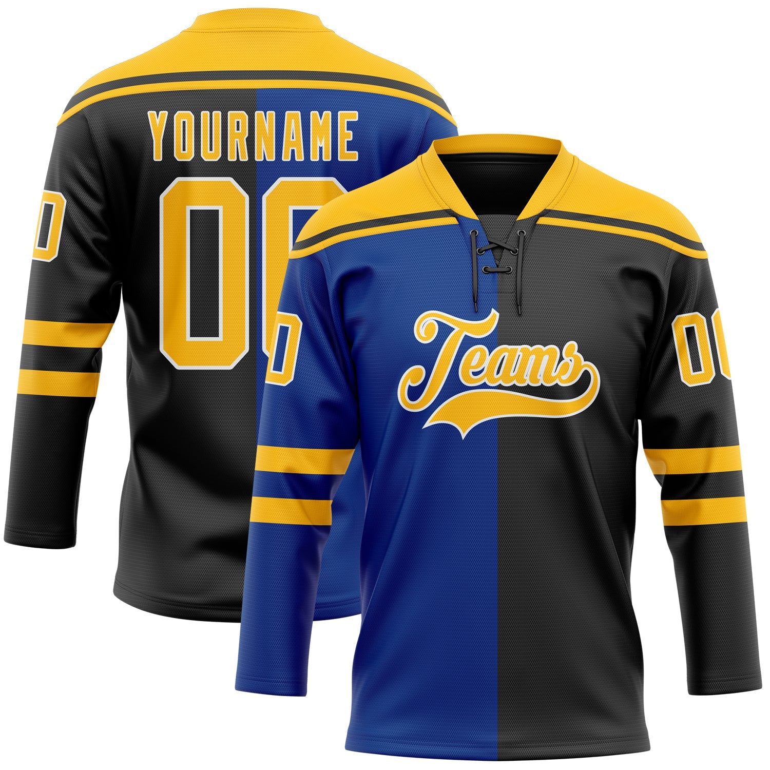 Custom Black Gold Royal-White Split Fashion Hockey Lace Neck Jersey - Main View