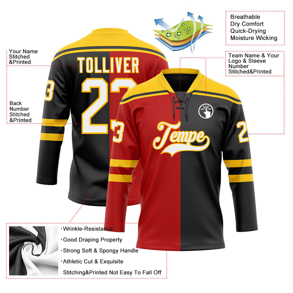 Custom Black White Red-Yellow Split Fashion Hockey Lace Neck Jersey view 5