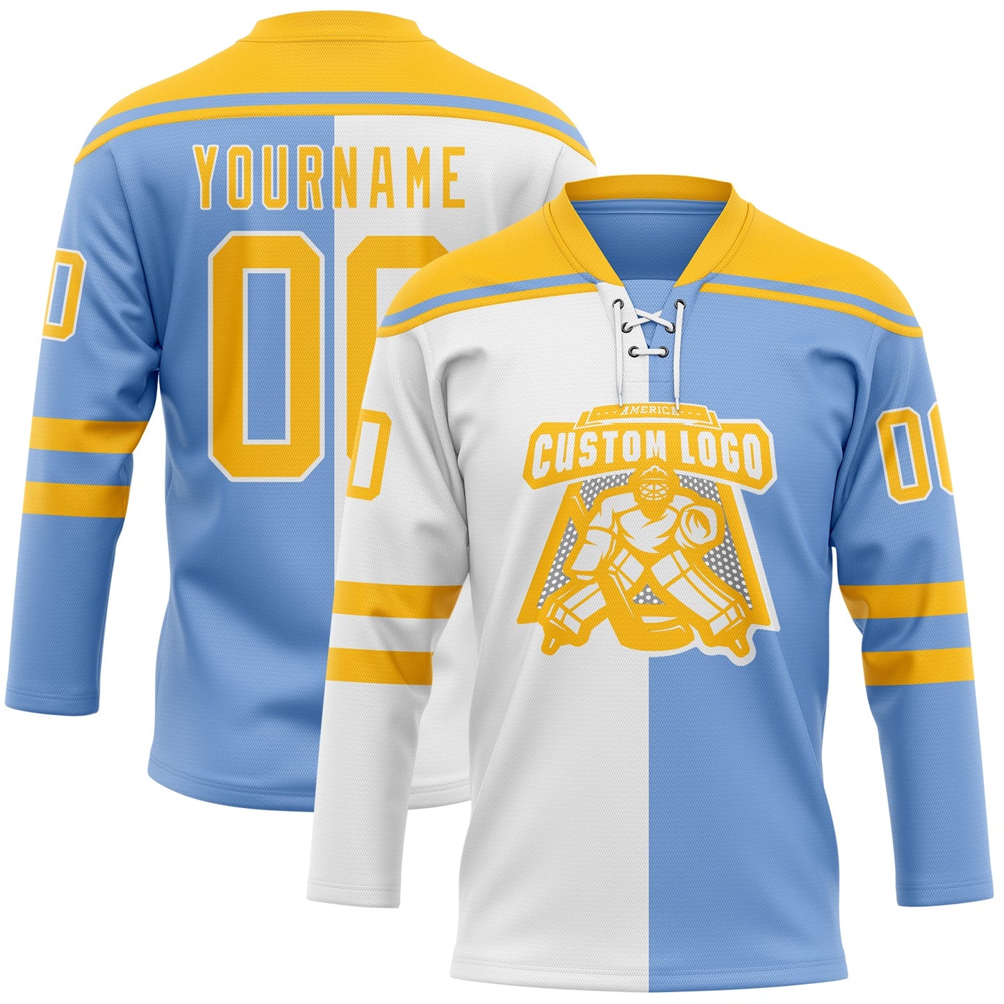 Custom Powder Blue Gold-White Split Fashion Hockey Lace Neck Jersey view 2