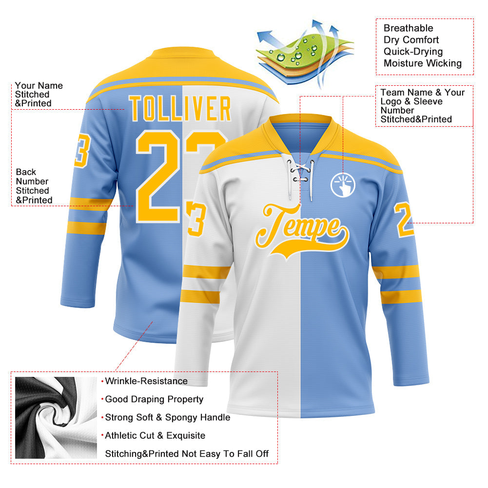 Custom Powder Blue Gold-White Split Fashion Hockey Lace Neck Jersey view 5