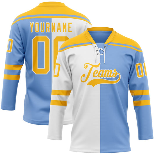 Custom Powder Blue Gold-White Split Fashion Hockey Lace Neck Jersey - Main View