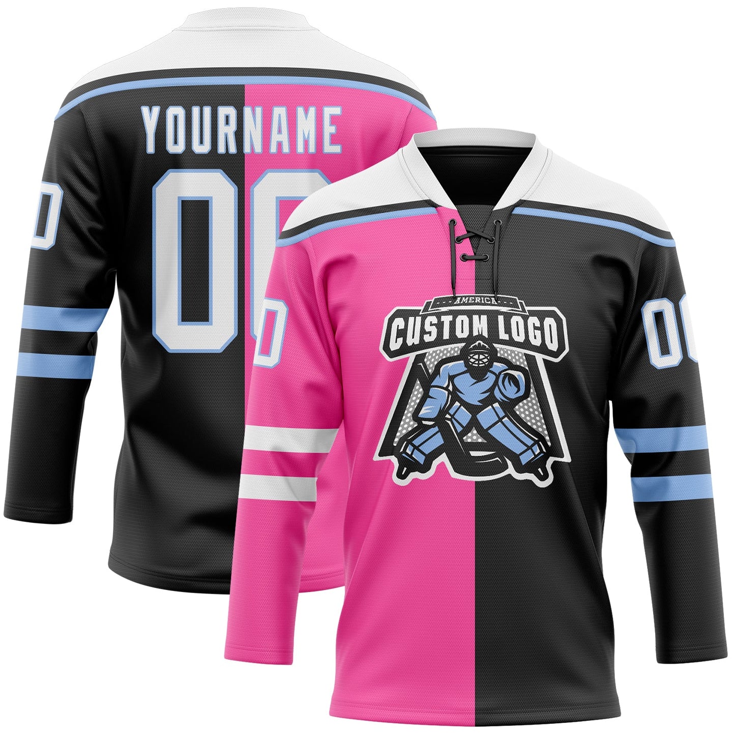 Custom Black White Pink-Light Blue Split Fashion Hockey Lace Neck Jersey view 2