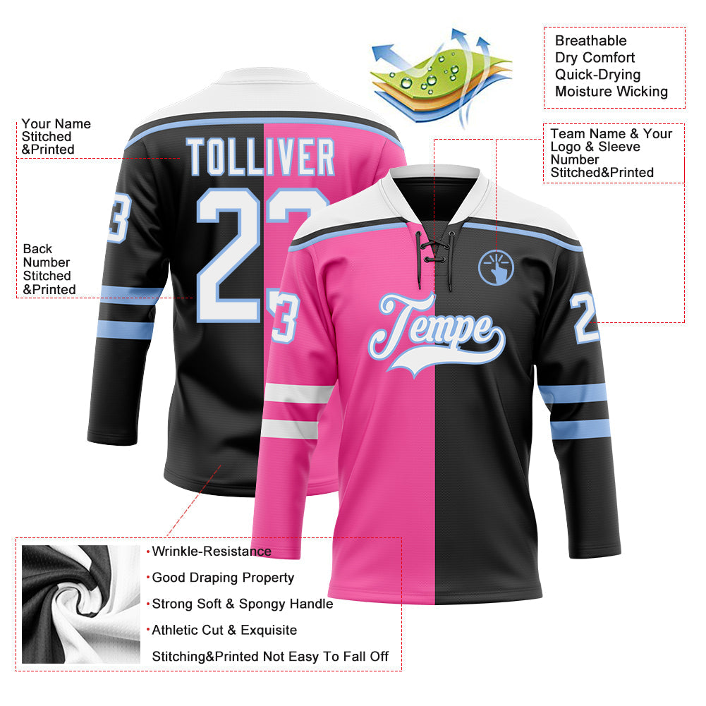 Custom Black White Pink-Light Blue Split Fashion Hockey Lace Neck Jersey view 5