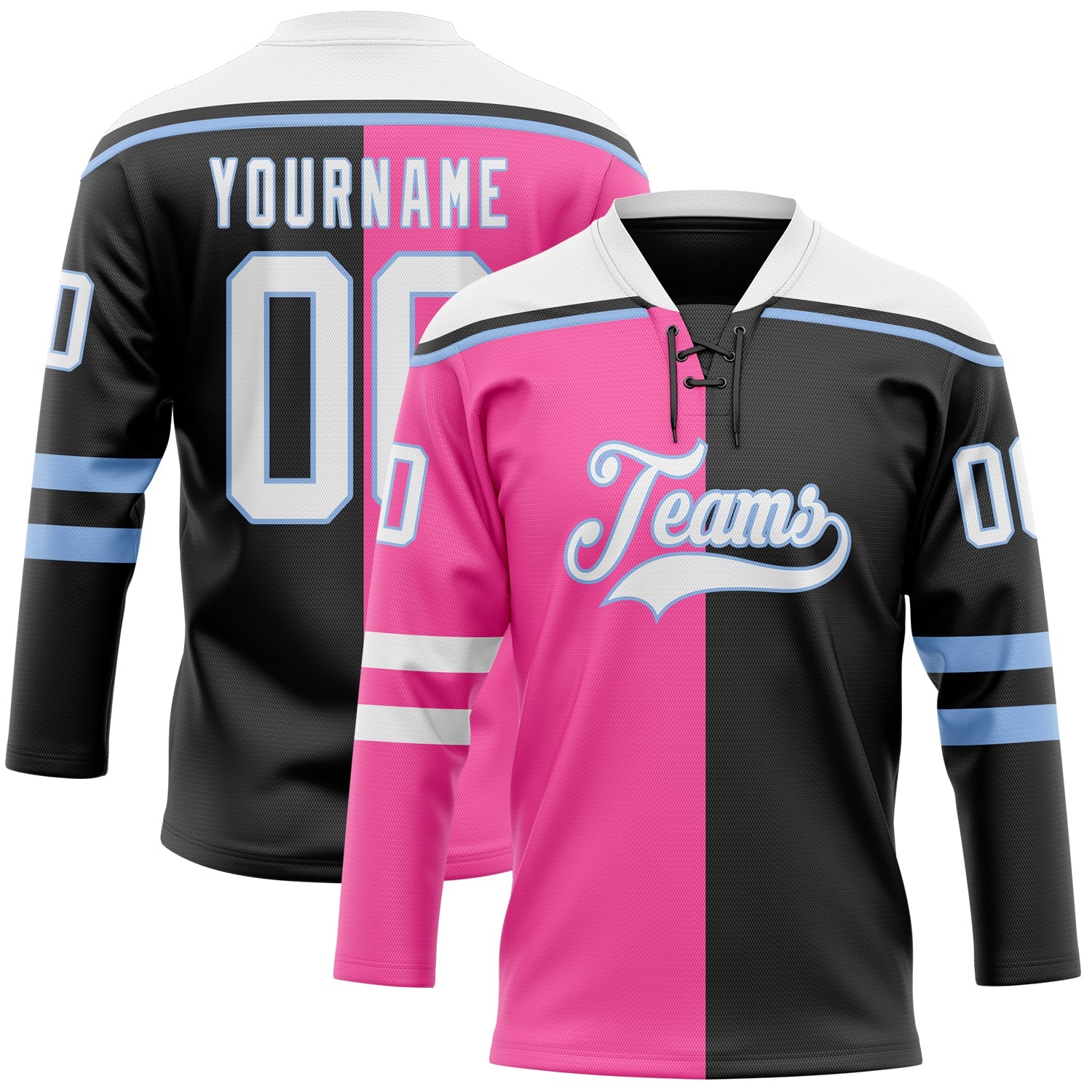 Custom Black White Pink-Light Blue Split Fashion Hockey Lace Neck Jersey - Main View