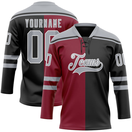 Custom Black Gray Crimson-White Split Fashion Hockey Lace Neck Jersey - Main View