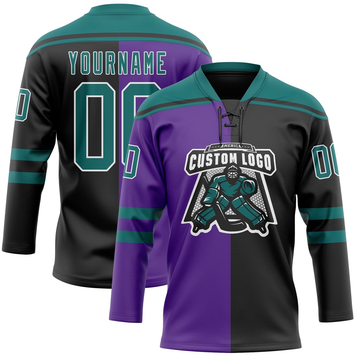 Custom Black Teal Purple-White Split Fashion Hockey Lace Neck Jersey view 2