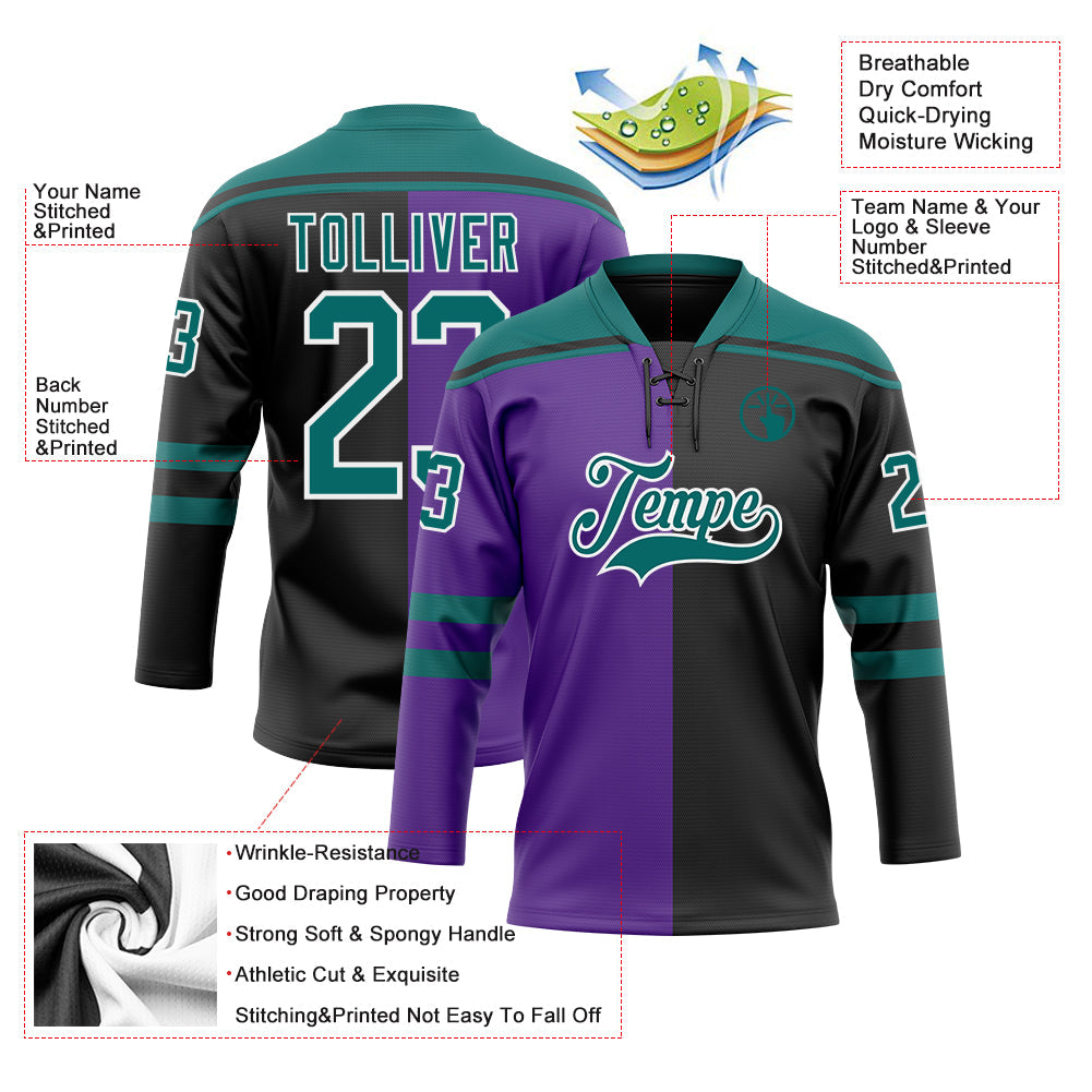 Custom Black Teal Purple-White Split Fashion Hockey Lace Neck Jersey view 5