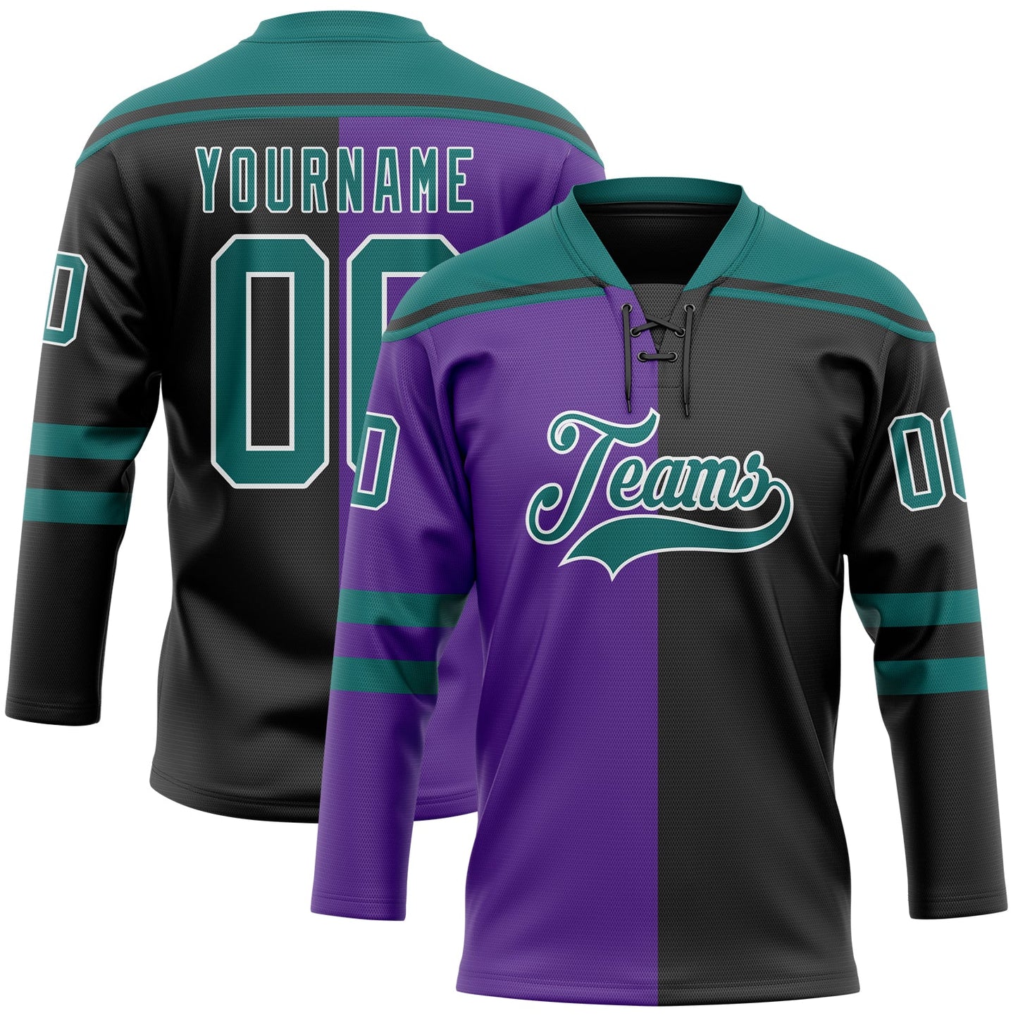Custom Black Teal Purple-White Split Fashion Hockey Lace Neck Jersey - Main View