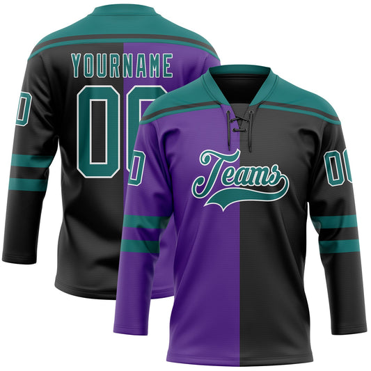 Custom Black Teal Purple-White Split Fashion Hockey Lace Neck Jersey - Main View