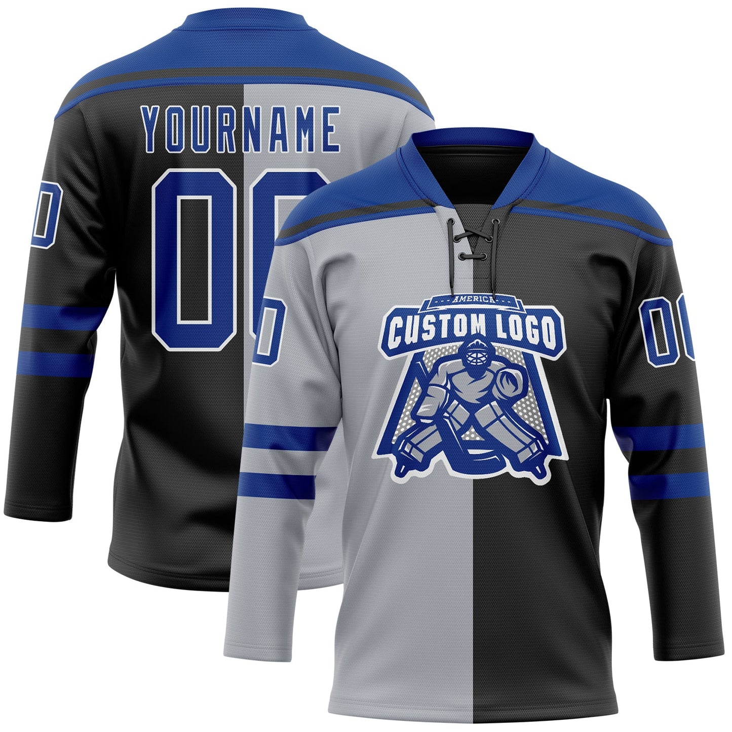 Custom Black Royal Gray-White Split Fashion Hockey Lace Neck Jersey view 2