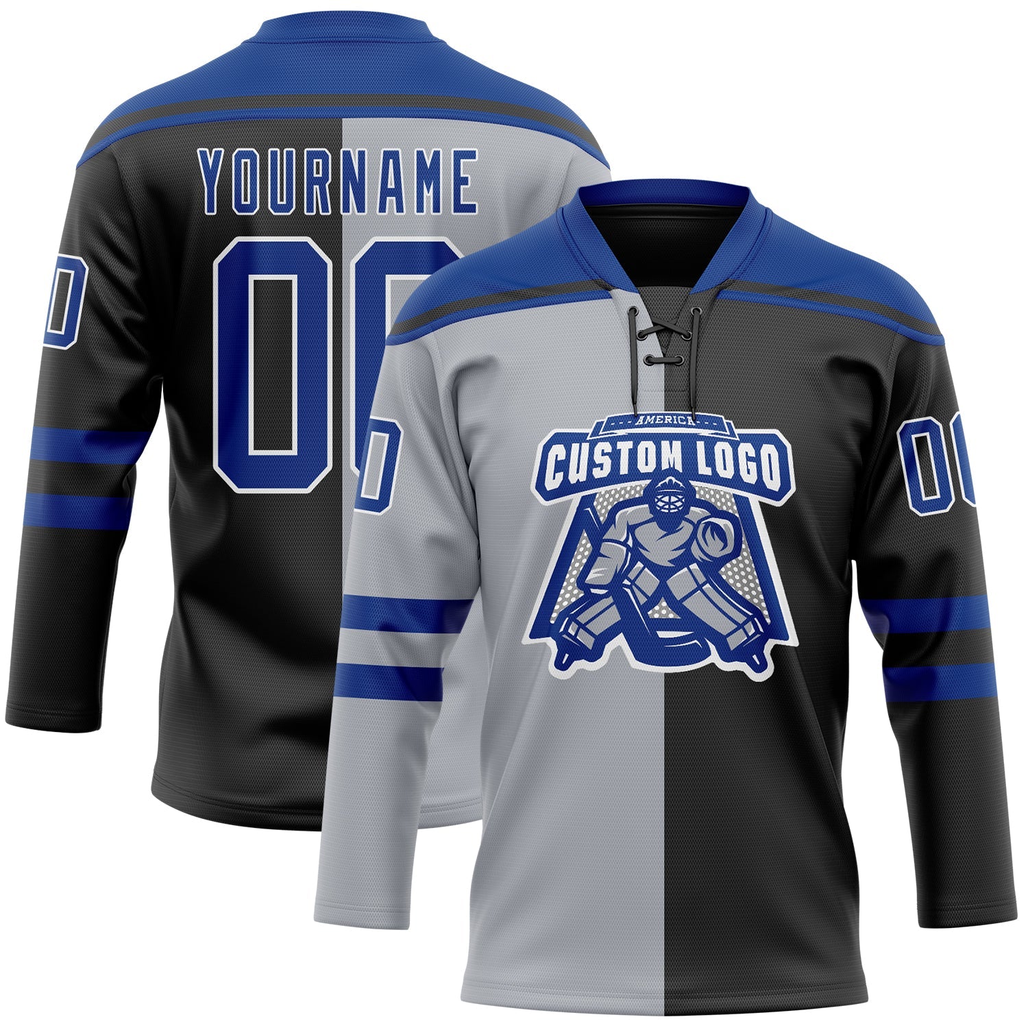 Custom Black Royal Gray-White Split Fashion Hockey Lace Neck Jersey view 2