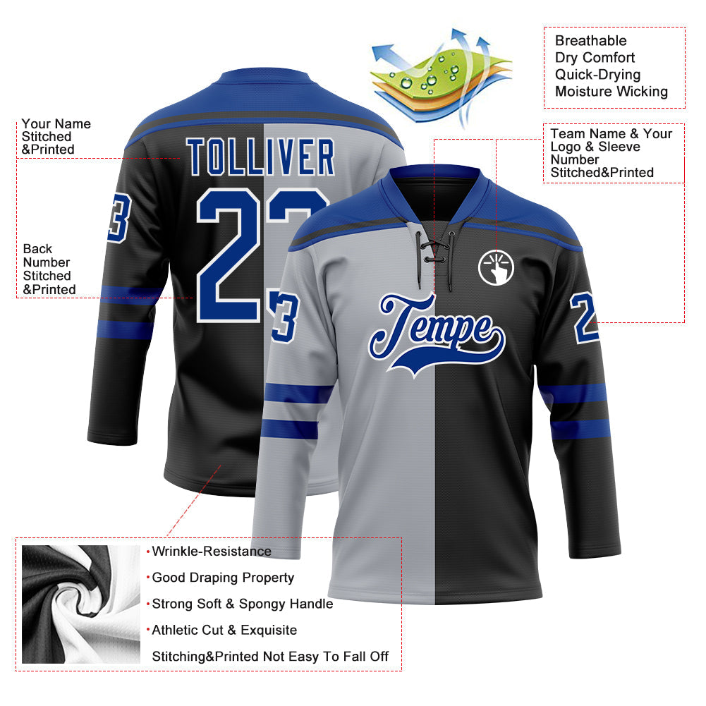 Custom Black Royal Gray-White Split Fashion Hockey Lace Neck Jersey view 5