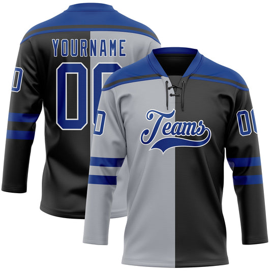 Custom Black Royal Gray-White Split Fashion Hockey Lace Neck Jersey - Main View