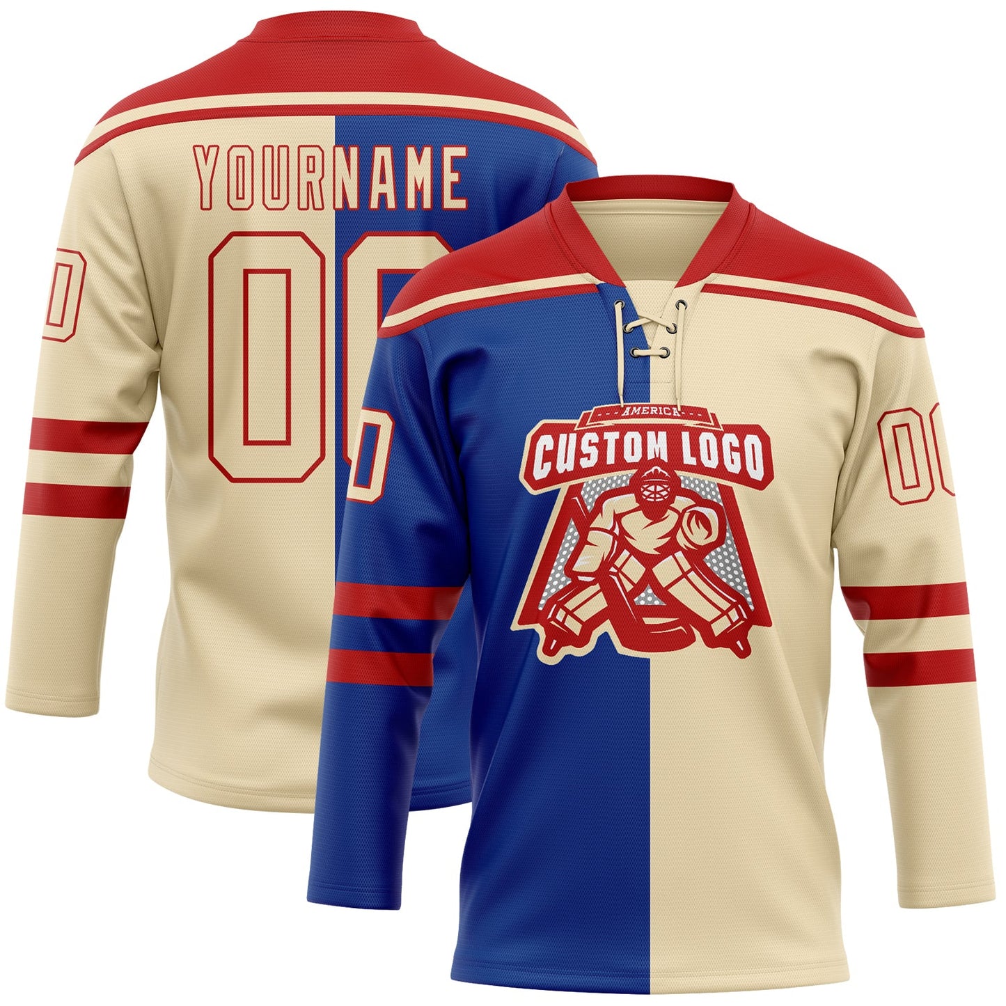Custom Cream Royal-Red Split Fashion Hockey Lace Neck Jersey view 2