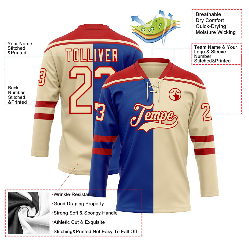 Custom Cream Royal-Red Split Fashion Hockey Lace Neck Jersey view 5