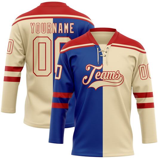 Custom Cream Royal-Red Split Fashion Hockey Lace Neck Jersey - Main View