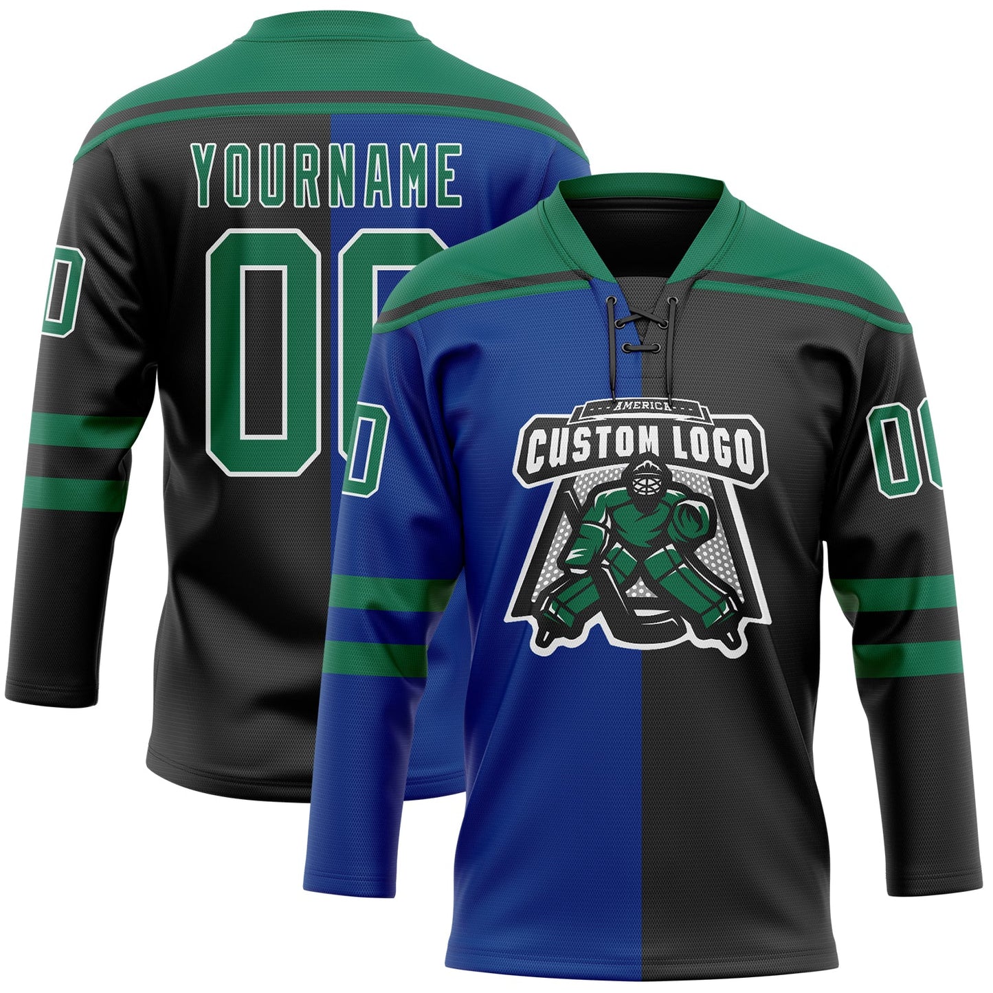 Custom Black Kelly Green Royal-White Split Fashion Hockey Lace Neck Jersey view 2