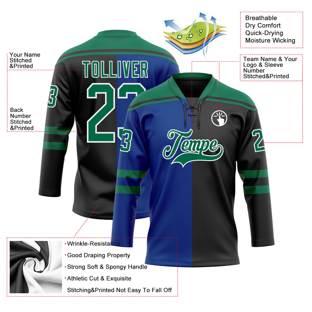 Custom Black Kelly Green Royal-White Split Fashion Hockey Lace Neck Jersey view 5